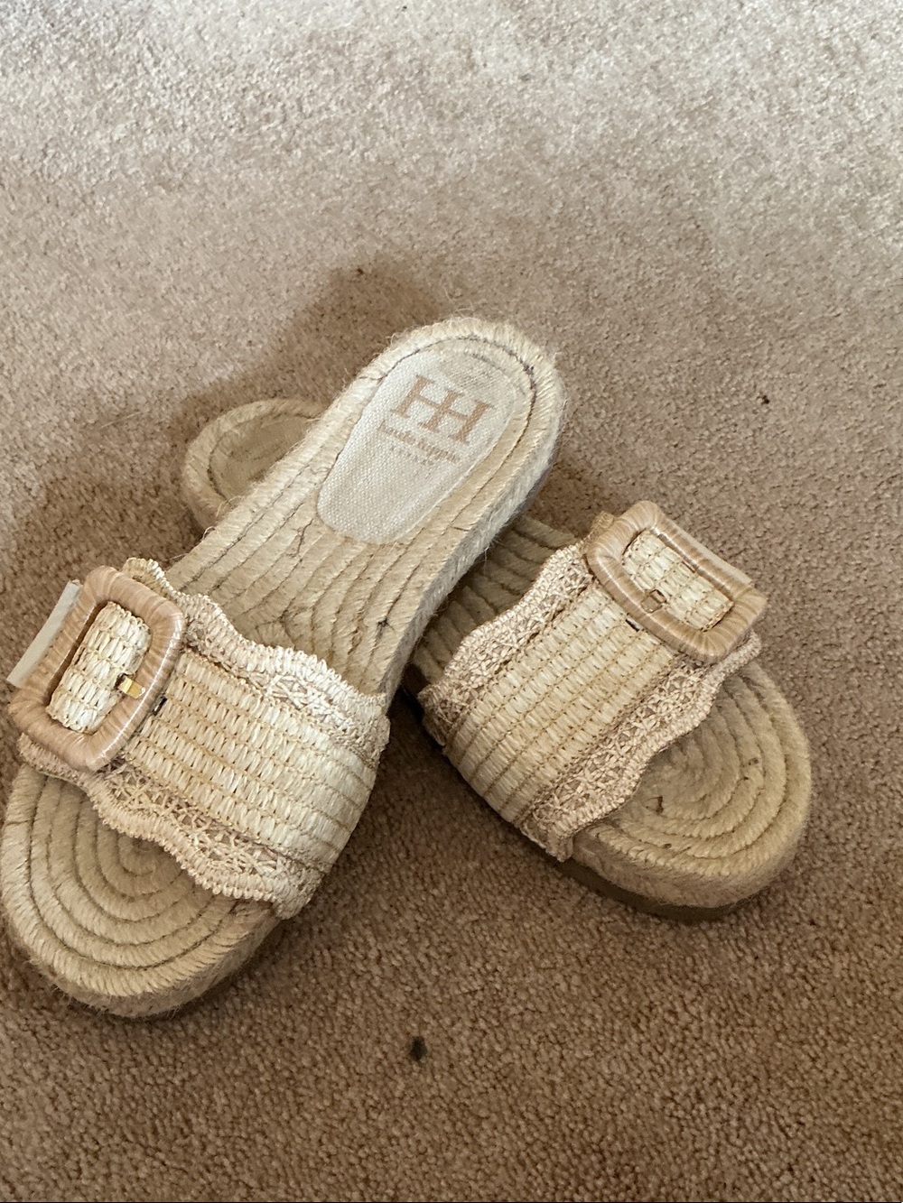 Haute Hippie Beige Raffia Slide Sandals with Buckle
